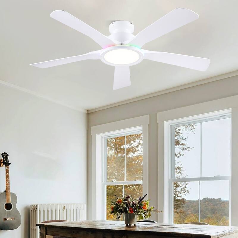 52 Inches Low Profile Flush Mount Ceiling Fan with LED Light,Reversible DC Motor - 52 Inches
