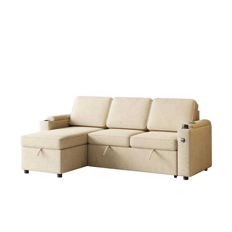 85.8" Fabric 3-Seat Sleeper Sofa with Storage & USB Charging Ports