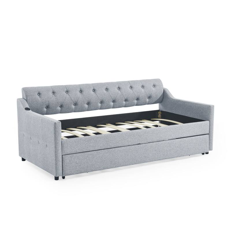 Upholstery Daybed with Erectable Trundle and USB Charging