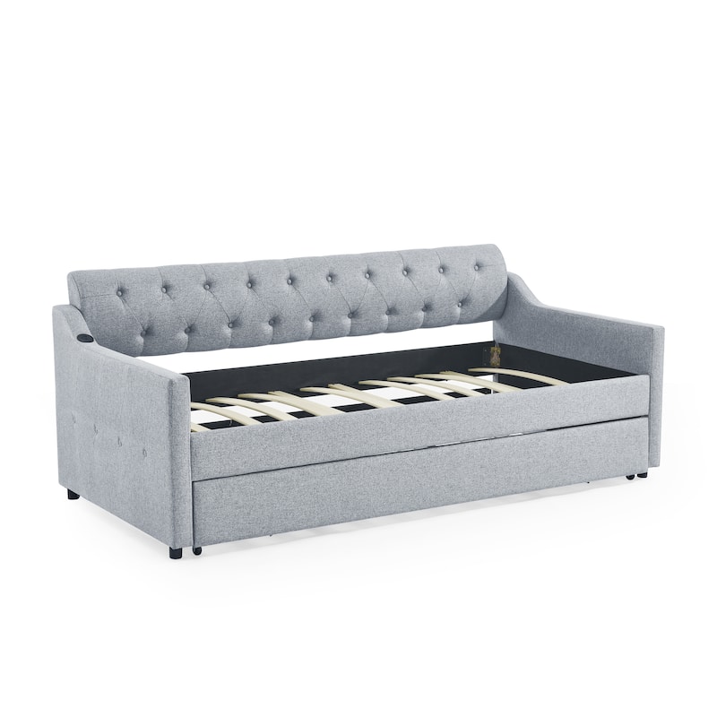 Upholstery Daybed with Twin Size Erectable Trundle and USB Charging Design