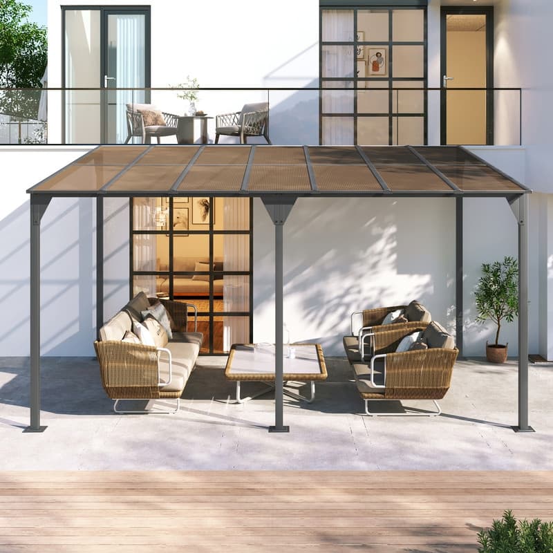 14.76' x 9.22' Wall-Mounted Gazebo – Powder-Coated Iron Frame with Durable PC Roof Panels, Sloped Lean-To Patio Cover