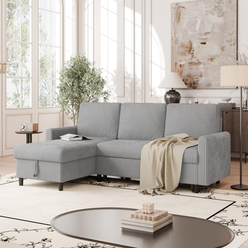 Futzca 3-in-1 Convertible Corduroy Sofa Bed with Storage, L-Shaped Sectional Couch - LightGrey