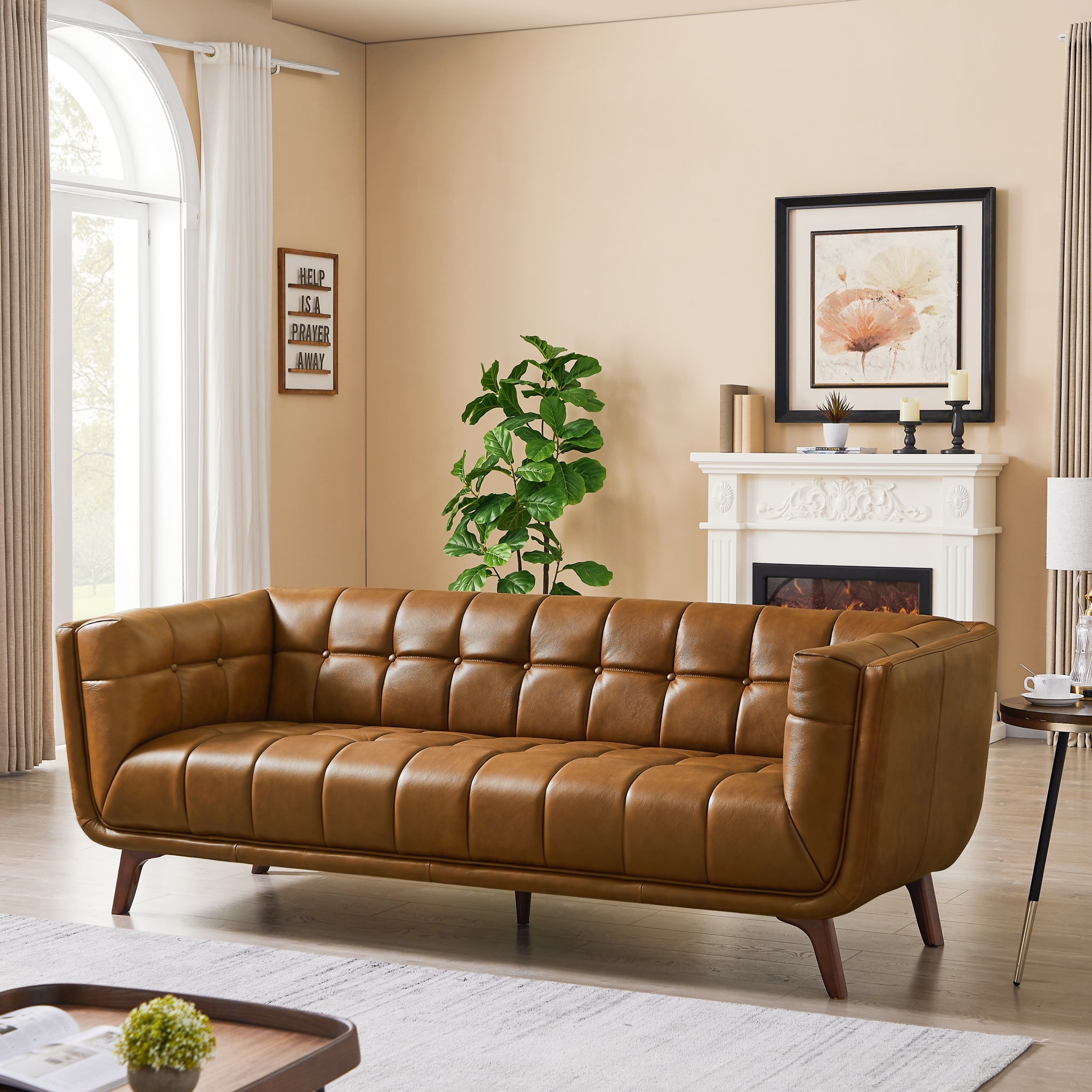 Kameron Mid Century Modern Tufted Genuine Leather Sofa in Cognac Tan