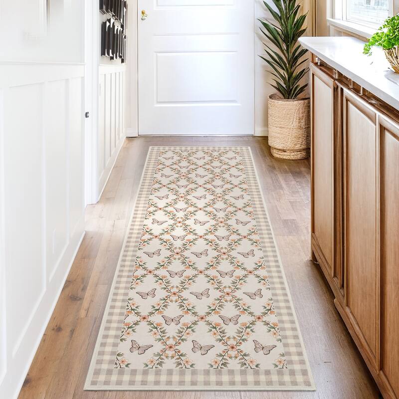 Butterfly Pattern Rugs for Living Room, Modern Floral Area Rug, Washable Border Plaid Non Slip Floor Carpet