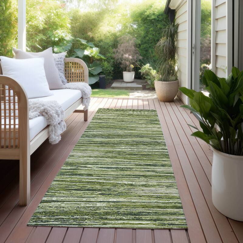 Machine Washable Indoor/ Outdoor Chantille Abstract Stripe Rug - Olive - 2'3" x 7'6"