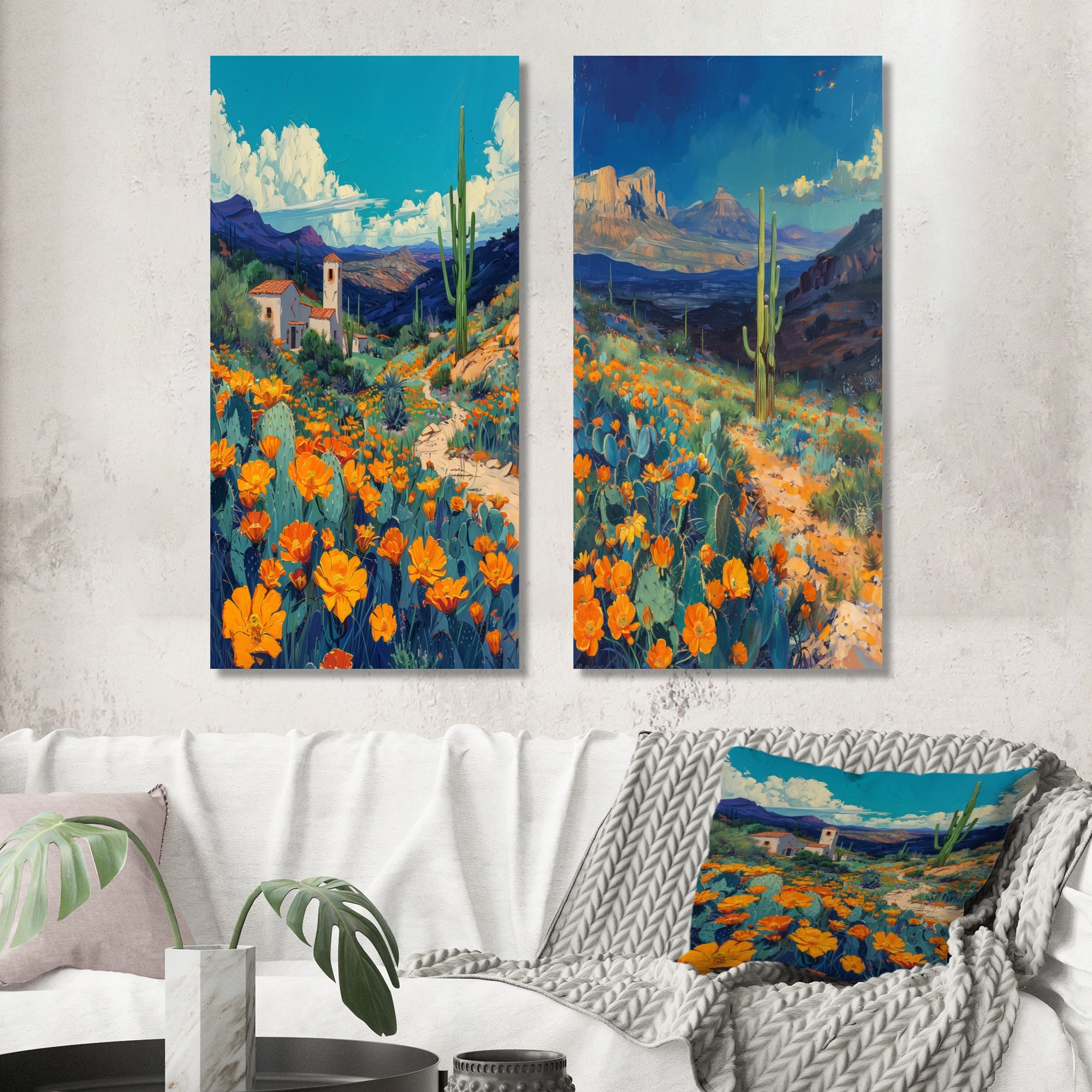 Orange Blue Desert Cactus Landscape In Mexico I - Plants Wall Art
