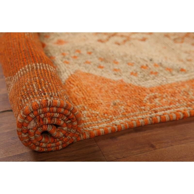 Orange Oushak Vintage Runner Rug Handmade Oriental Wool Carpet - 3'6"x 10'4"