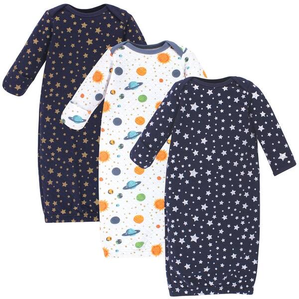 slide 1 of 1, Hudson Baby Infant Quilted Cotton Long-Sleeve Gowns 3pk, Metallic Stars, 0-6 Months - Metallic Stars 0-6 Months - Metallic Stars