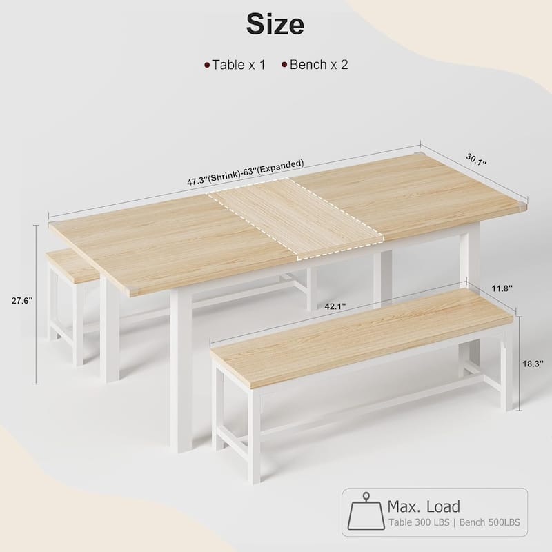 43.7in-63in Extendable Dining Table Set with 2 Benches and 2 Stools
