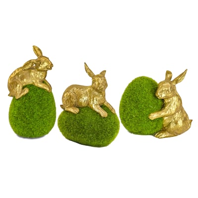 Gold Bunny with Green Moss Egg, Set of 3 - 7 in