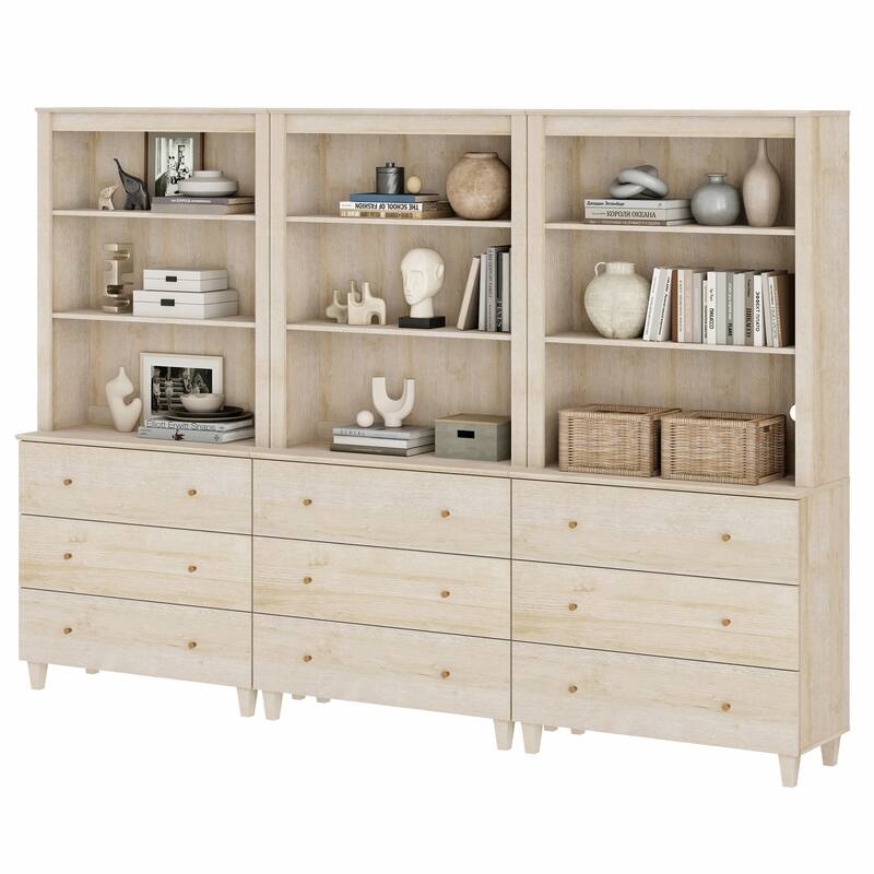 Modern 71" Tall Bookcase with Drawers & Open Shelves for Home Office - 3 Column 3-Tier - Natural Oak