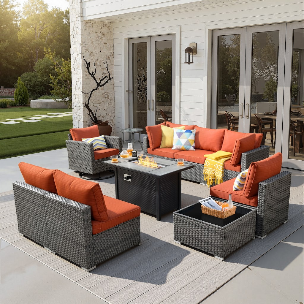 HOOOWOOO 10-piece Wicker Patio Furniture Sectional Sofa Set Swivel Rocker with Fire Pit Table