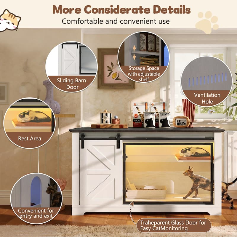 46" Farmhouse Cat Litter Box Enclosure with Sliding Barn Door, Large Hidden Acrylic Door Cat Cabienet with LED Light