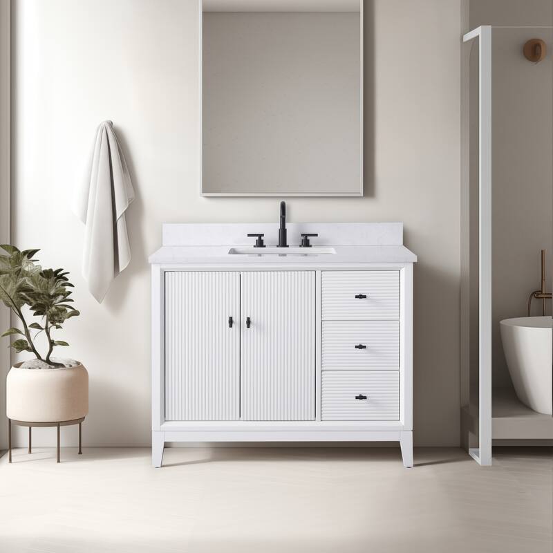 Vanity Art 42" Freestanding Bathroom Vanity with Engineered Marble Top and Sink - 42"/Matte Black - White