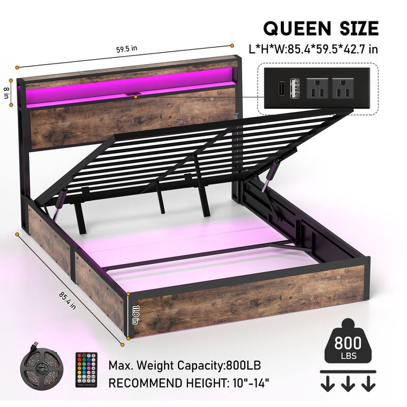 Lift Up Storage Bed Frame/Metal Platform Bed Frame with Charging Station&LED Lights/Noise-Free/No Box Spring Needed/Rustic Brown