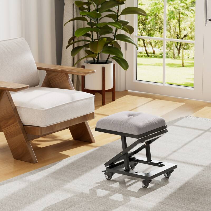 Javlergo Black Adjustable Height Folding Stool with Wheels Grey Fabric Ottoman Portable Metal Footstool for Indoor Outdoor Use
