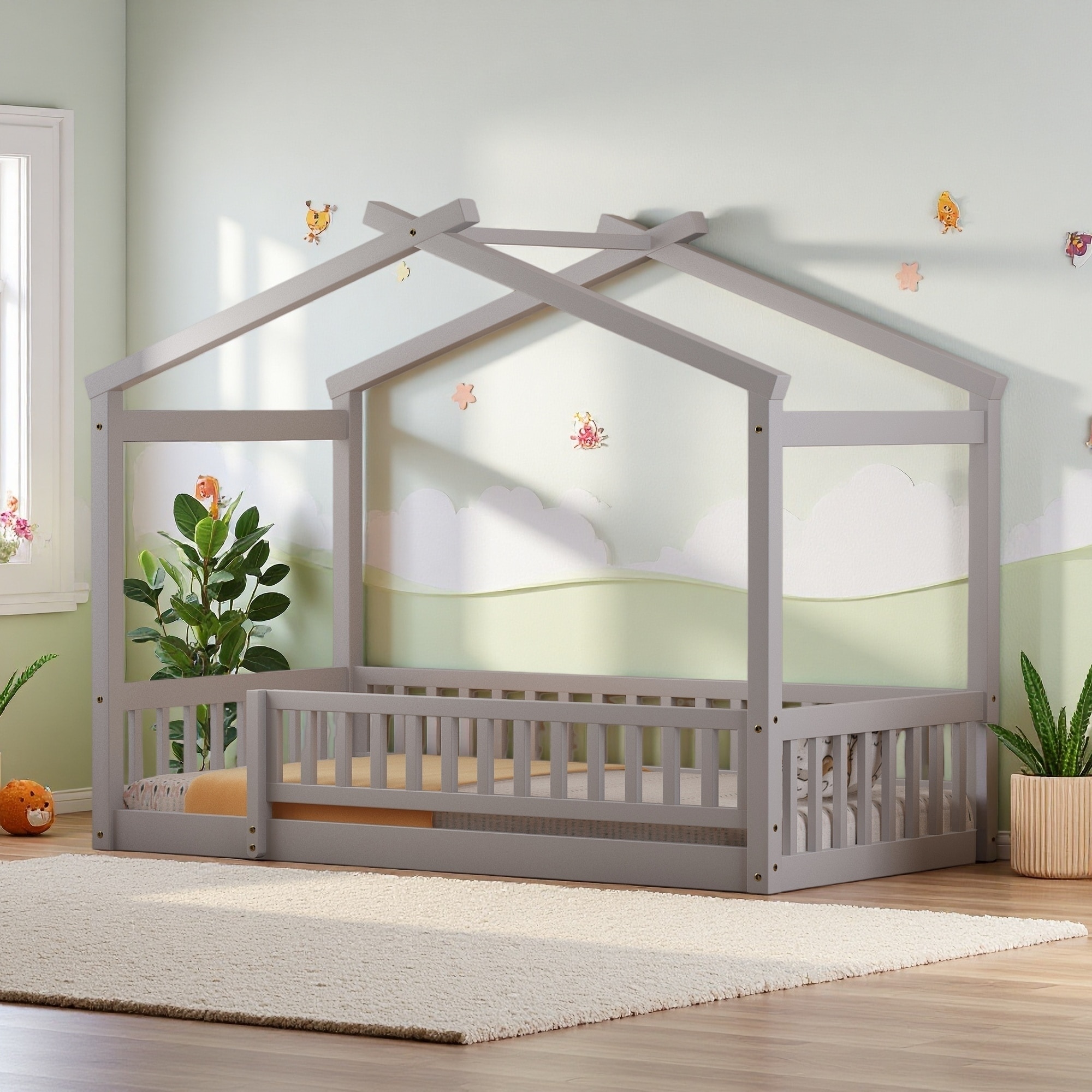 Wood House Canopy Bed Frame with Fence