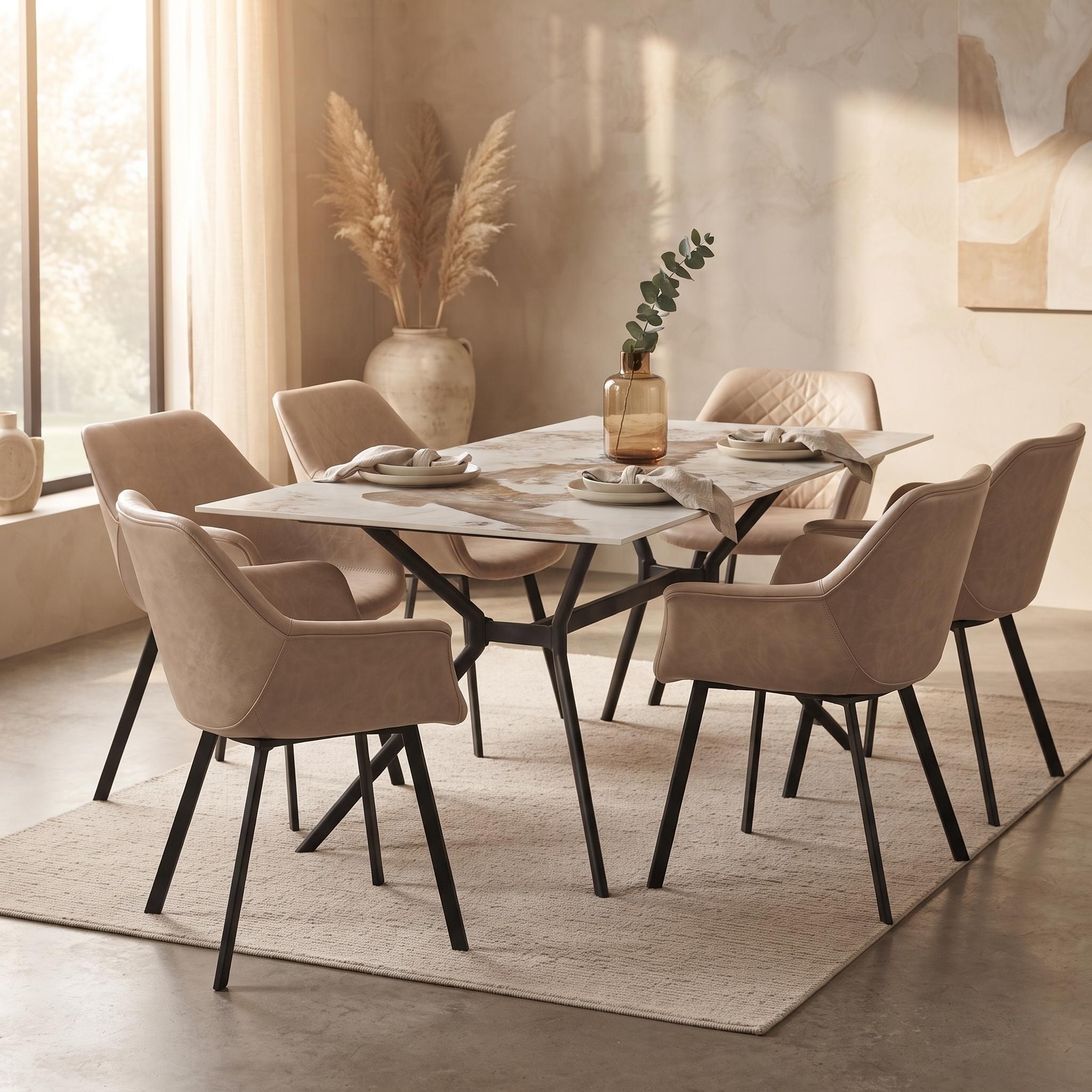 Markley Set of 4 Leather Upholstered Dining Chairs, Modern Bucket Seat with Black Metal Legs