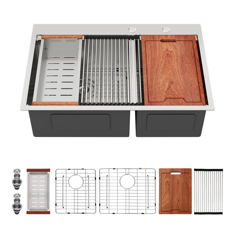 33" Drop-in Double Bowl 16 Gauge Stainless Steel Kitchen Sink in Brushed Nickel - 33'' x 22'' x 10''