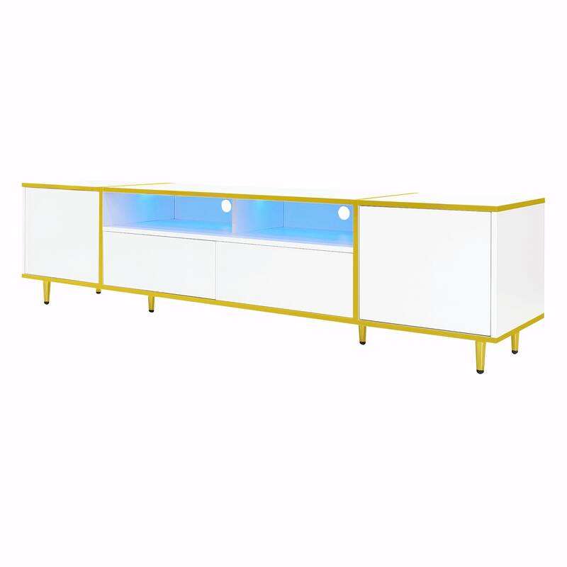 70.9'' Modern Entertainment Center, LED Lights, 2 Shelves, 2 Drawers & Metal Legs