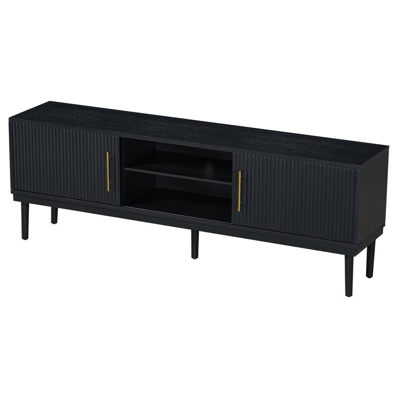 Stylish TV Stand with Vertical Striped Doors, Space-Saving Sliding Door Design, Sturdy Solid Wood Legs