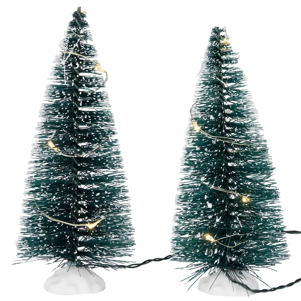 LED Lighted Frosted Mini Bottle Brush Pine Christmas Village Trees - 6" - Set of 2