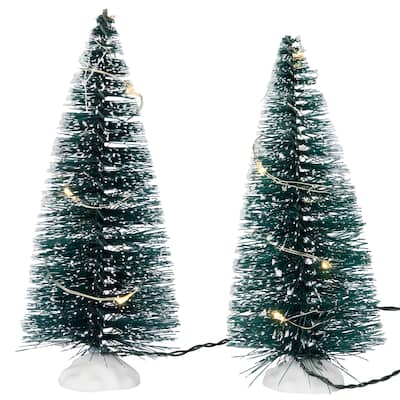 2 LED Frosted Mini Bottle Brush Pine Christmas Village Trees - 6"