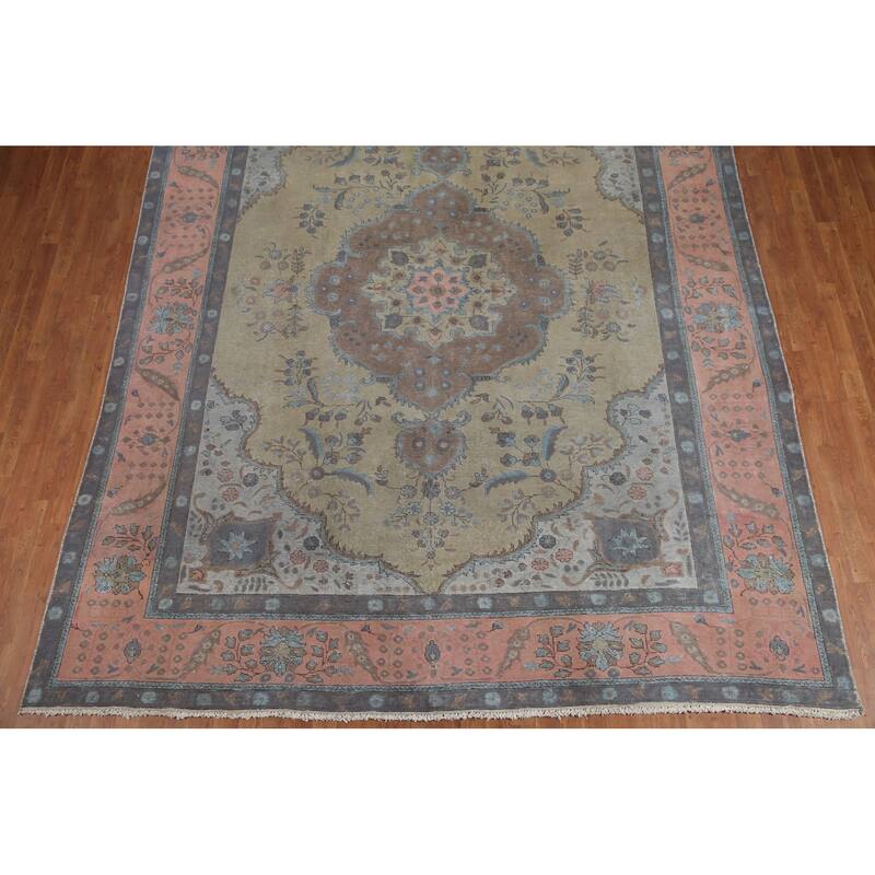 Hand Knotted Oriental 100% Wool Carpet Traditional Floral Green Tabriz Area Rug - 12' 0'' X 9' 4''