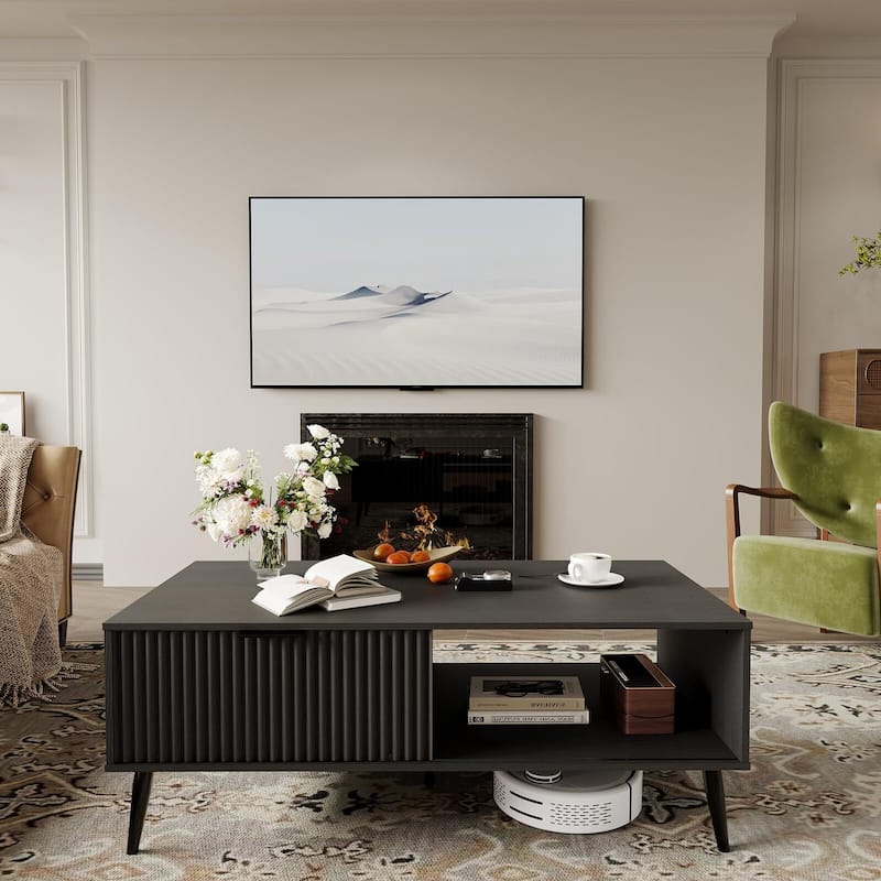 Coffee Table with Storage, 2-Tier Wooden Coffee Table with Sliding Door,