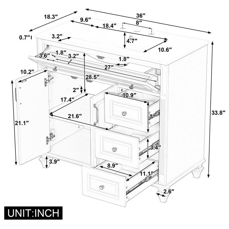 36" Bathroom Vanity with Sink, Cabinet, Flip-Out Drawer, 3 Drawers & 2 Soft-Close Doors