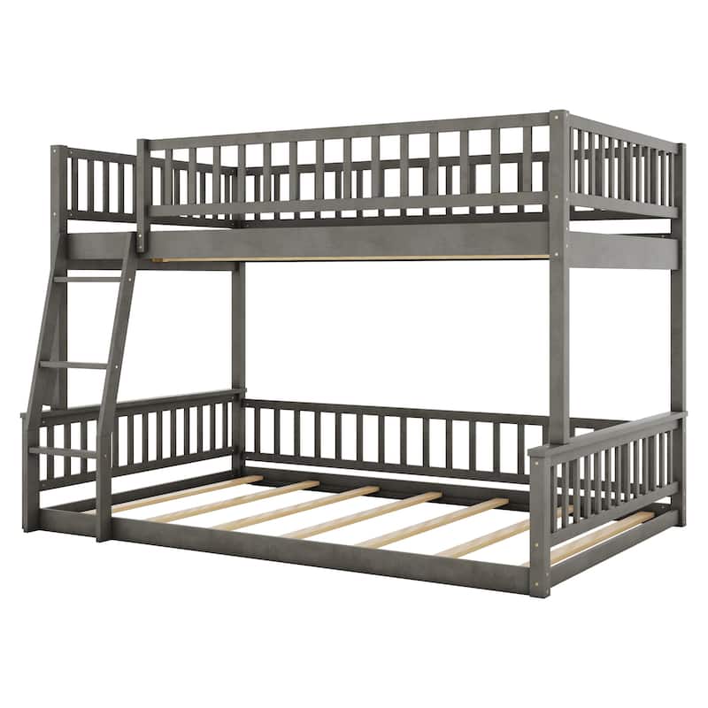 Full XL over Queen Bunk Bed with Ladder and Guardrails Convertible Wooden Bunk Bed Frame for Kids Teens, No Box Spring Needed