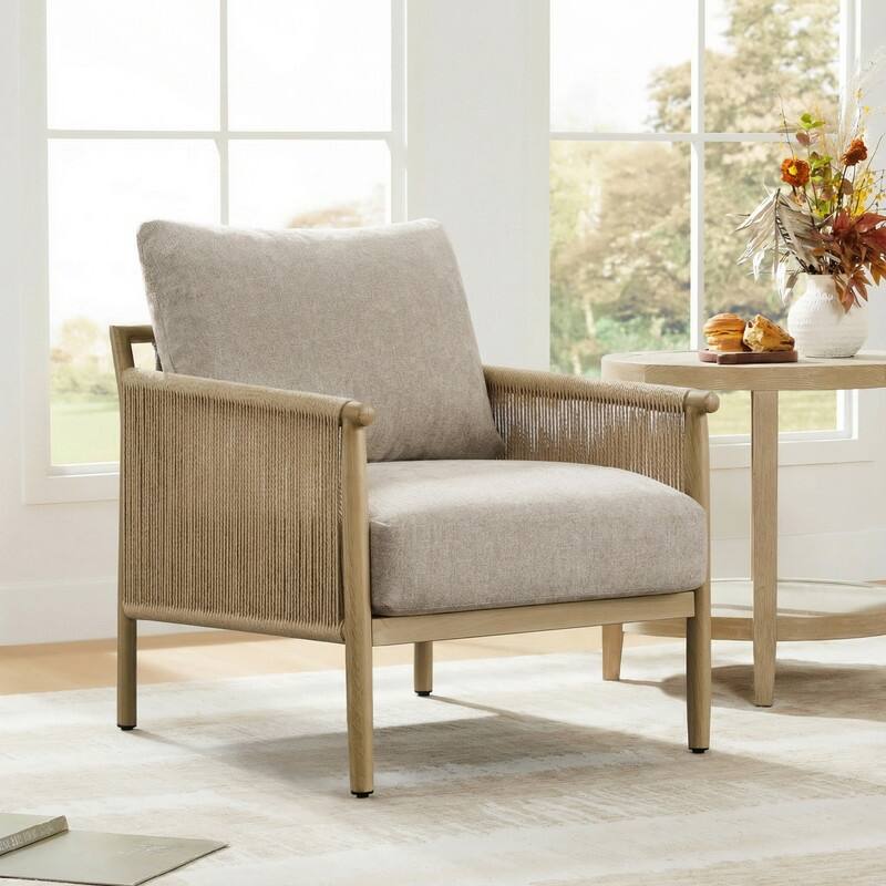 Spruce & Spring Braid Boho Accent Chair with Woven Paper Rope Armrest & Wood-Look Metal Frame - Single - Mink