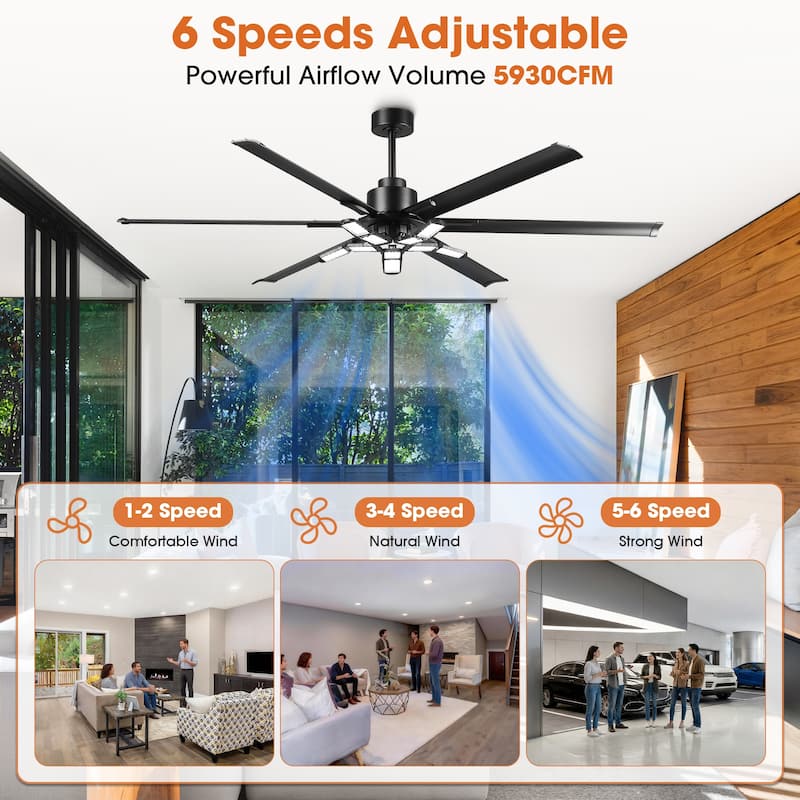 72" Industrial Matte Black HVLS Large Ceiling Fan with Foldable LED Light and Remote