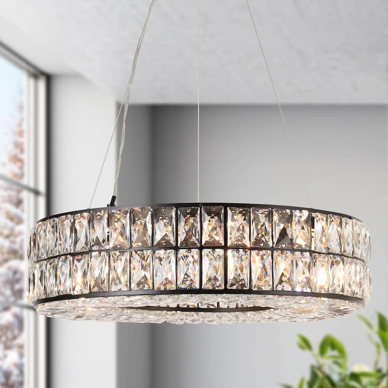 Modern Glam 8-Light Crystal Chandelier Black Drum Ceiling Light for Dining Room - D21" x H66"