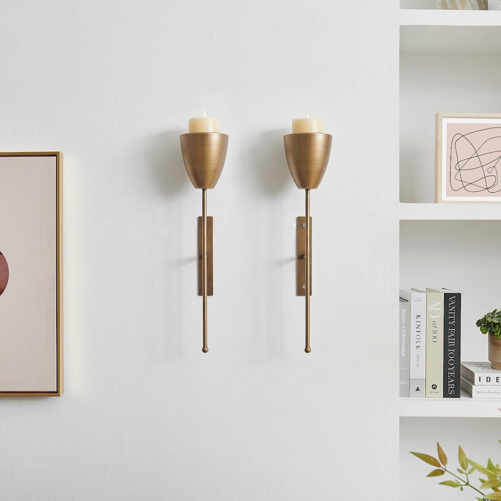Antique Brass Mid-Century Modern Metal Wall Mount Vertical Pillar Candle Sconces Set of 2