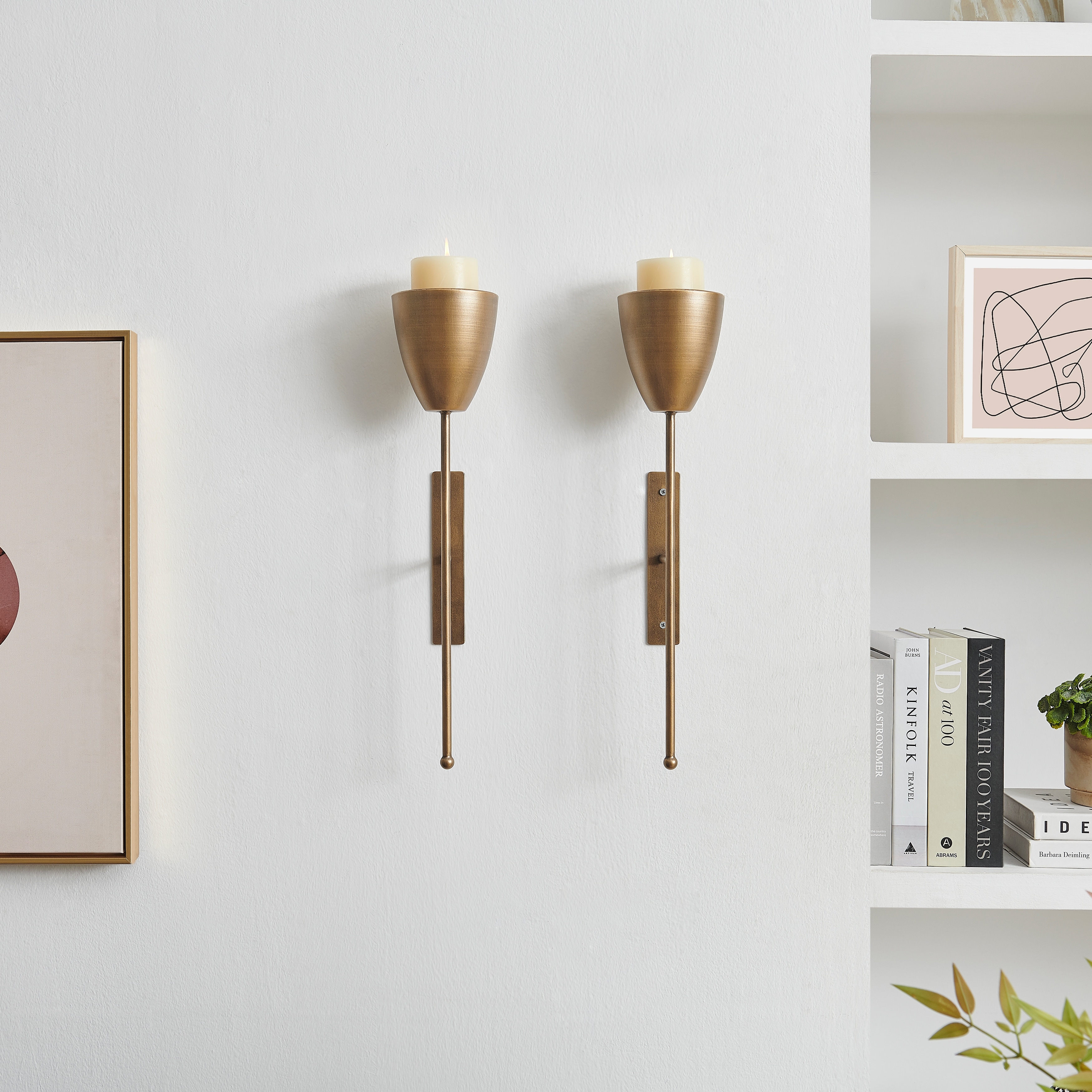 Antique Brass Mid-Century Modern Candle Wall Sconces Set of 2