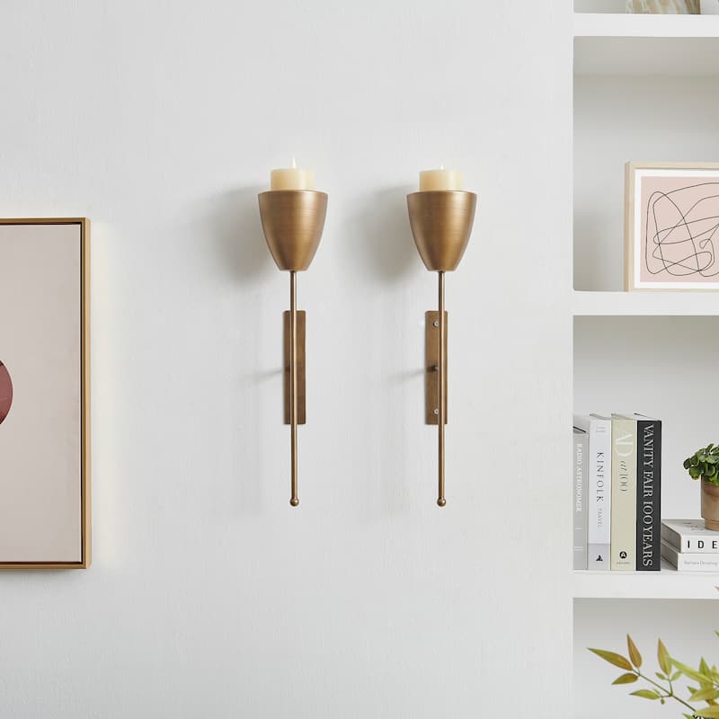 Antique Brass Mid-Century Modern Metal Wall Mount Vertical Pillar Candle Sconces Set of 2