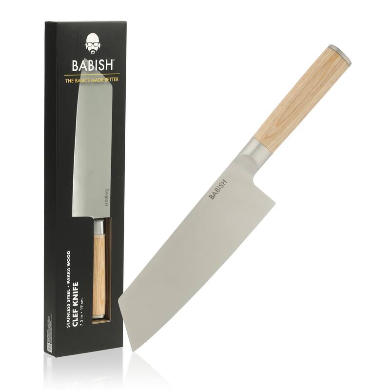 Babish High Carbon 1.4116 German Steel Full Tang 7.5-Inch Clef Knife Chef & Cleaver Hybrid for Chopping, Slicing & Prep - Light Brown