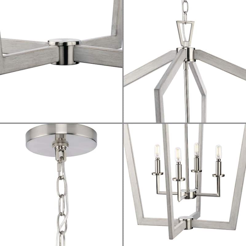 Galloway Collection 4-Light 30 in. Brushed Nickel Modern Farmhouse Foyer Light with Grey Washed Oak Accents - Medium - Brushed Nickel - Medium