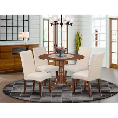 Boho Kitchen Table Set 5pc Round 42" Table w/ Drop Leaves & 4 Cream Linen Chairs