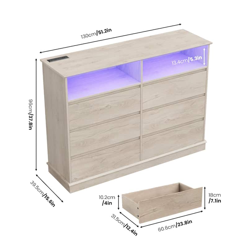 6 Drawer Dresser with LED Lights & Charging Station, Modern Chest of Drawers with Open Shelf