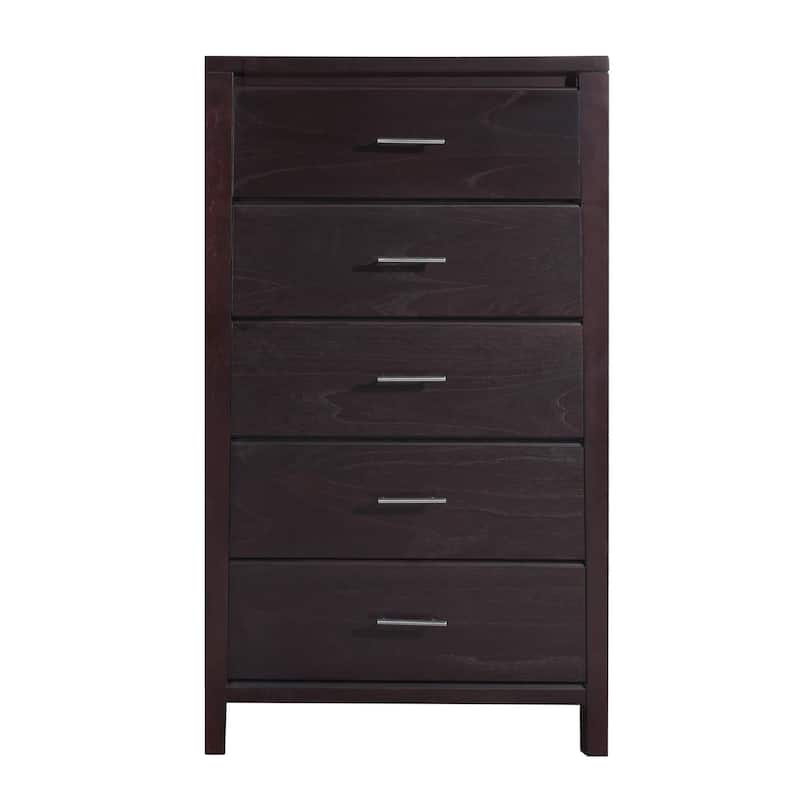 Nevi 56 Inch Tall Dresser Chest, 5 Drawers, Chrome Bar Handles, Brown Wood