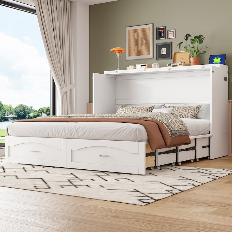 Folding Murphy Bed Queen Size Wall Cabinet Bed with Storage Drawer, Charging Station and Pulley Structure Design