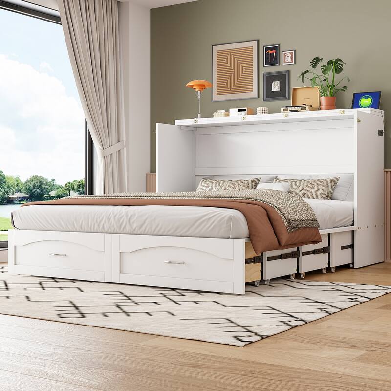 Queen Size Murphy Bed with USB Ports, Drawers, and Pulley Structure Design - White - Queen