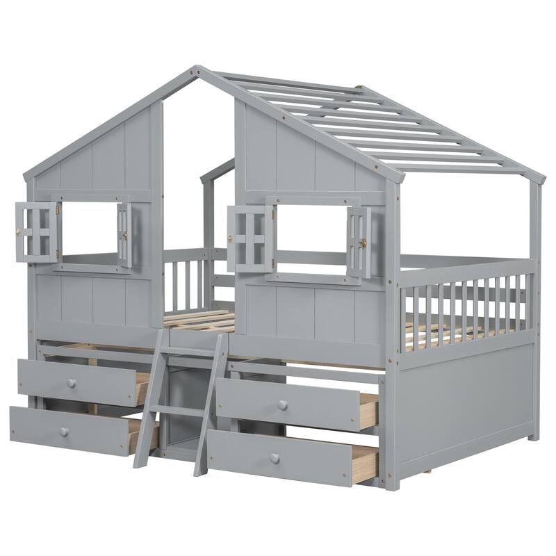 Wood Full Size House Loft Bed with Roof, Windows,4 Storage Drawers
