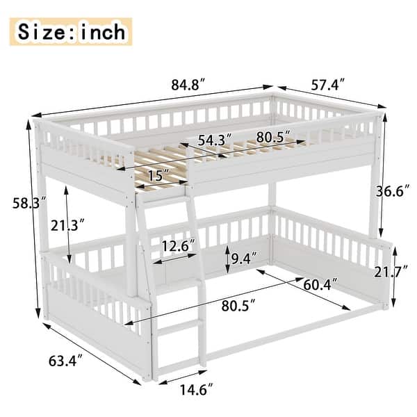 dimension image slide 1 of 2, Full XL over Queen Bunk Bed with Ladder and Guardrails, Solid Pine Wood Frame