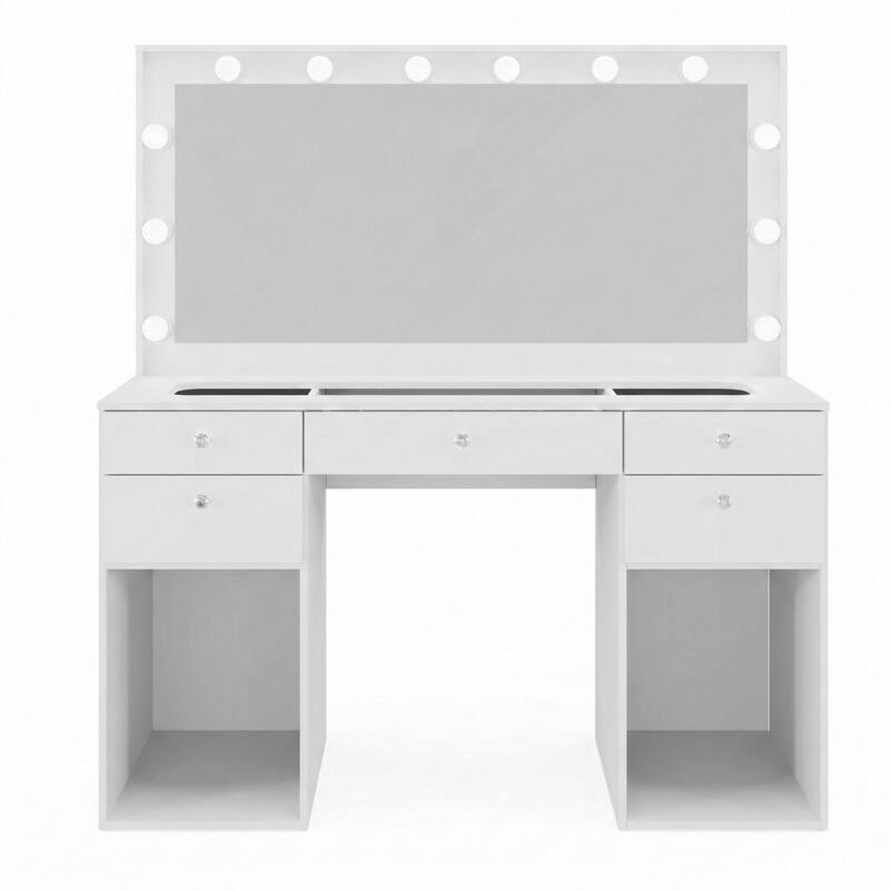 Hollywood Large Makeup Vanity Desk with 12 Light Bulbs; Modern Dressing Table with Multiple Storage Drawers & Crystal Knobs