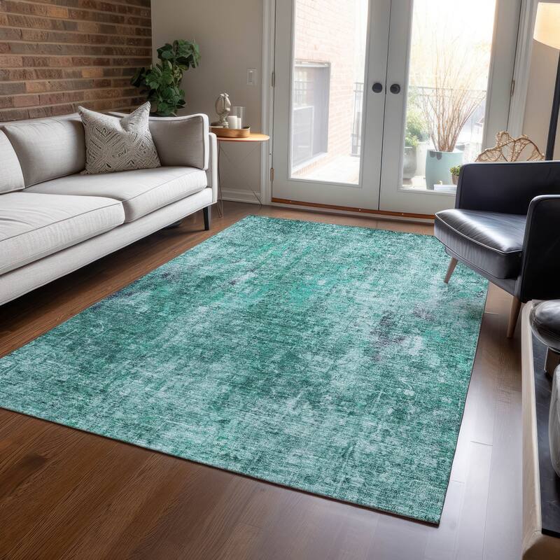Machine Washable Indoor/ Outdoor Chantille Solid Ombre Rug - Teal - 3' x 5'