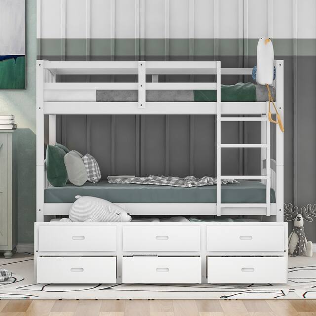 Contemporary Casual Style Twin over Twin Wood Bunk Bed with Trundle and Drawers, with High-quality Solid Wood for Bedroom