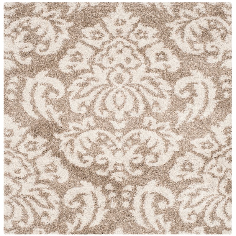 SAFAVIEH Florida Shag Aurkene Floral Damask 1.2-inch Thick Rug - 4' Square - Beige/Cream